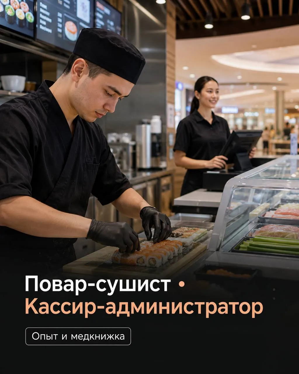 **1️⃣ПОВАР-СУШИСТ **- от 5000₽/смена ** 2️⃣КАССИР-АДМИНИСТРАТОР