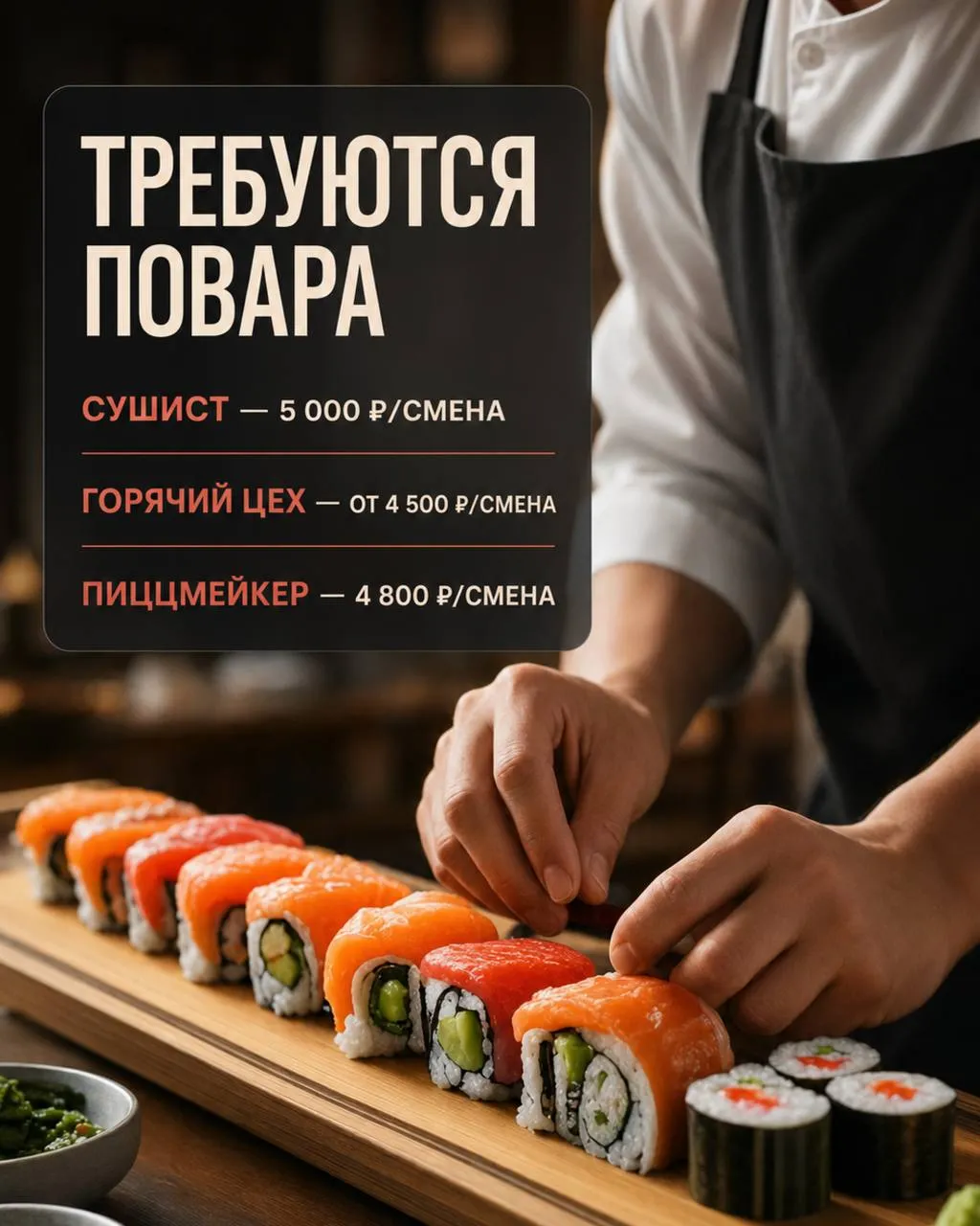 **1️⃣ПОВАР-СУШИСТ, 2️⃣ПОВАР ГОРЯЧЕГО ЦЕХА, 3️⃣ПОВАР-ПИЦЦМЕЙКЕР** __Нияма__