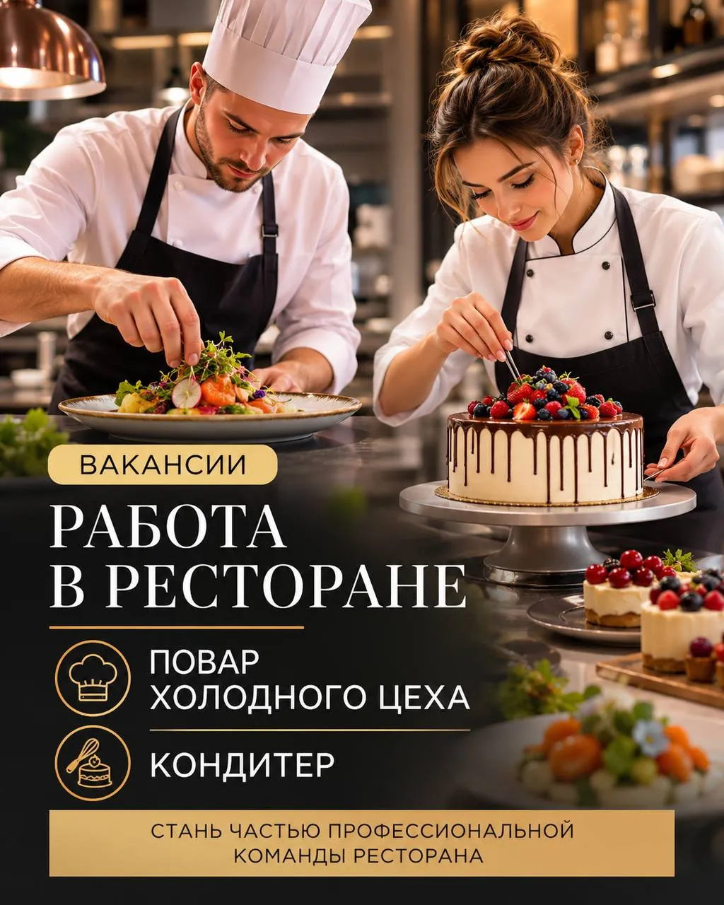 **1️⃣ПОВАР ХОЛОДНОГО ЦЕХА, 2️⃣КОНДИТЕР** **5 500₽/смена