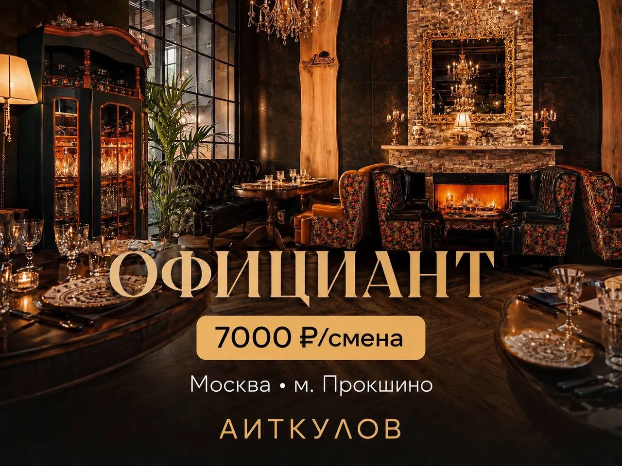 **ОФИЦИАНТ** **От 7 000₽/смена** __АИТКУЛОВ__ •