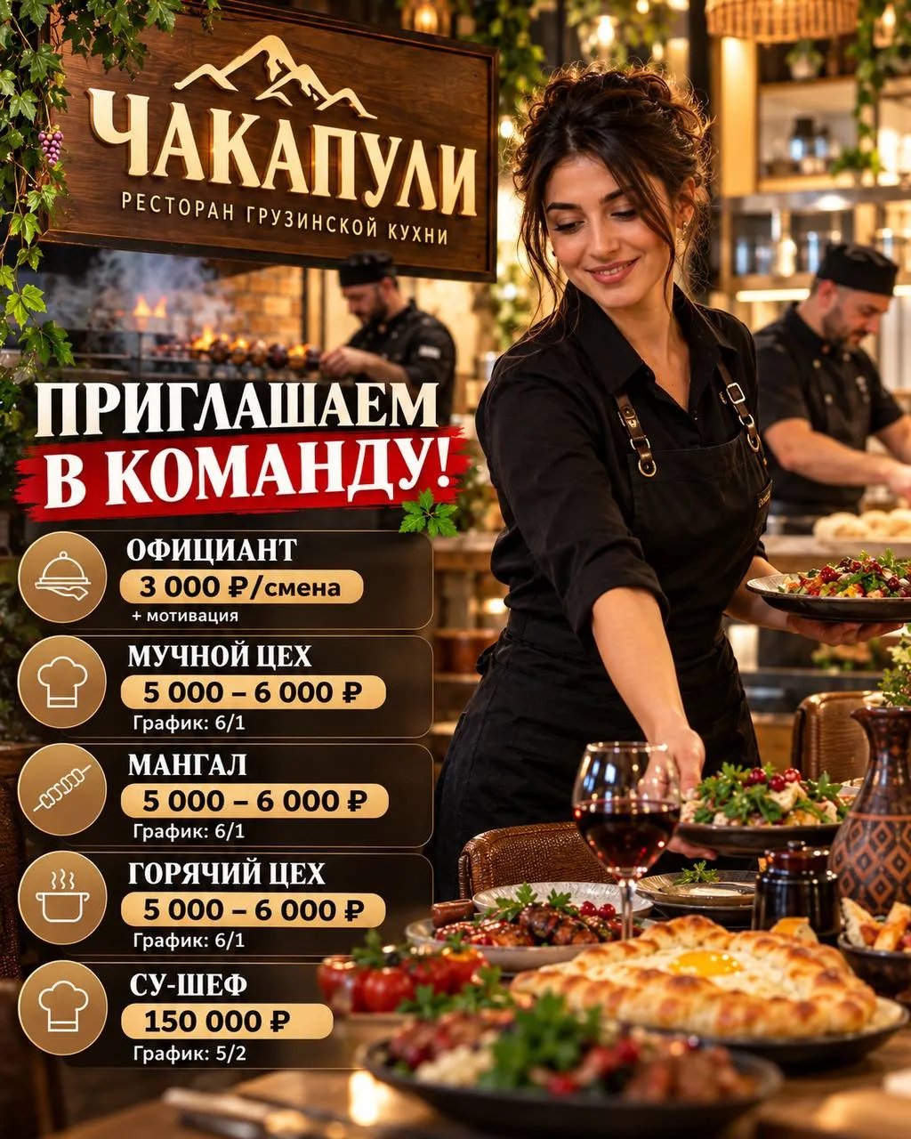 **1️⃣ОФИЦИАНТ,** **2️⃣ПОВАР ГОРЯЧЕГО ЦЕХА,** **3️⃣МАНГАЛЬЩИК,** **4️⃣ПОВАР