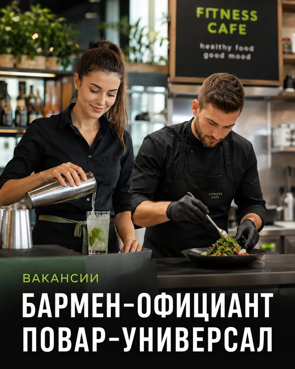 **1️⃣БАРМЕН-ОФИЦИАНТ, 2️⃣ПОВАР-УНИВЕРСАЛ** **От 5 000₽/смена** __фитнес-кафе__