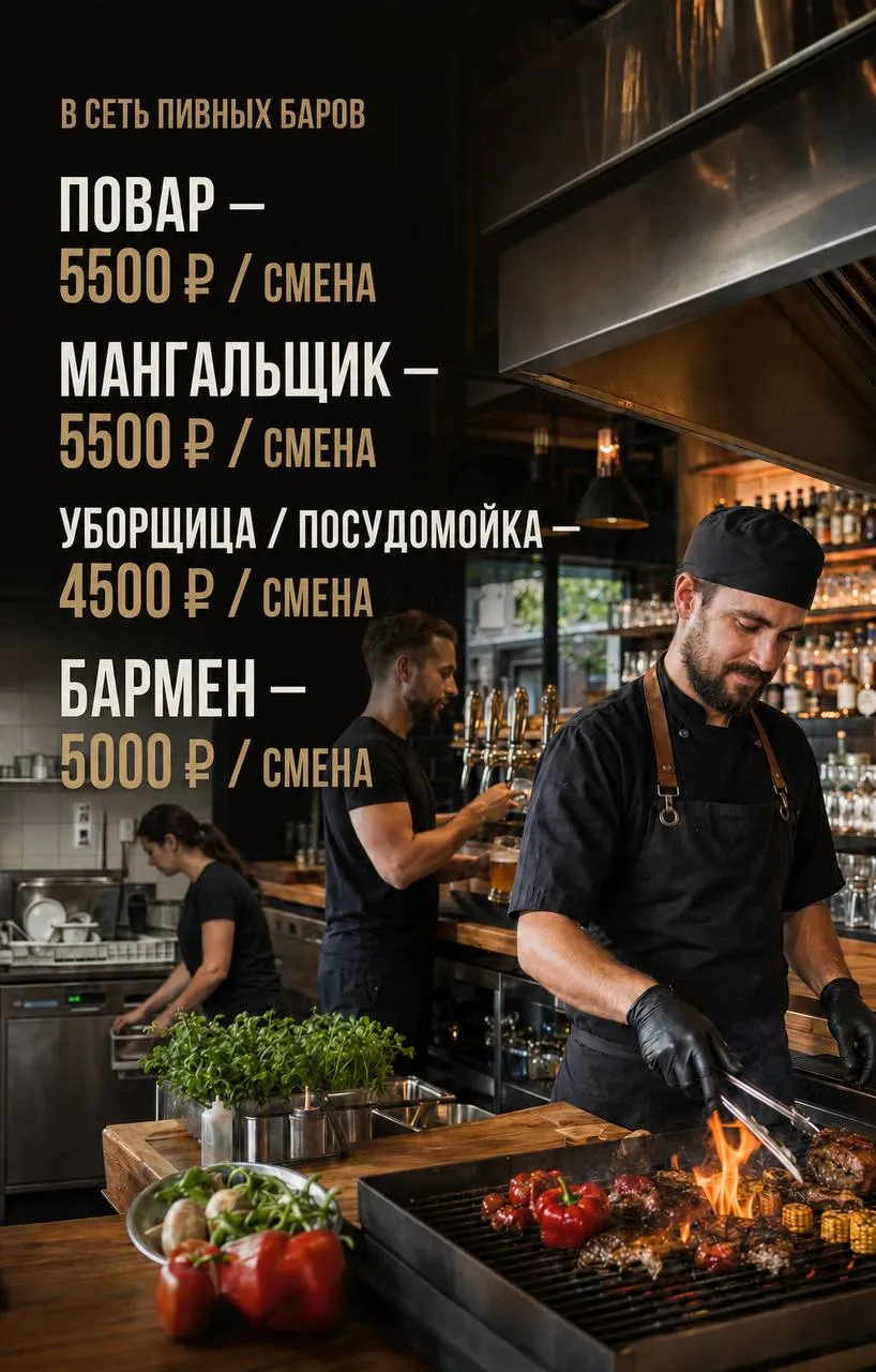 **1️⃣ПОВАР, 2️⃣МАНГАЛЬЩИК, 3️⃣УБОРЩИЦА, 4️⃣ПОСУДОМОЙКА, 5️⃣БАРМЕН** __Сеть